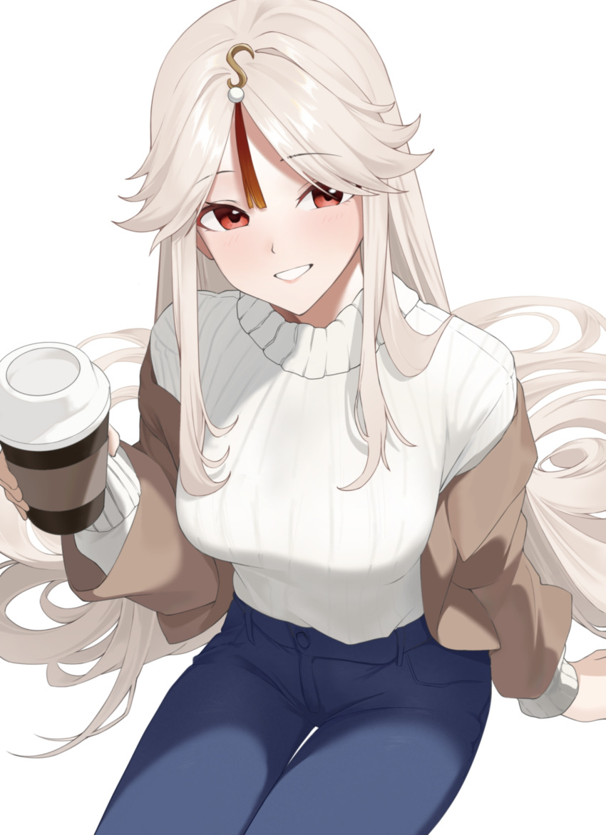 1girl :d blue_pants blush breasts brown_jacket coffee_cup contemporary cup denim disposable_cup genshin_impact grey_hair hair_ornament highres holding holding_cup jacket jeans long_hair looking_at_viewer medium_breasts ningguang_(genshin_impact) pants raian_(adji213) ribbed_sweater sidelocks simple_background sitting smile solo sweater tassel tassel_hair_ornament very_long_hair white_background white_sweater