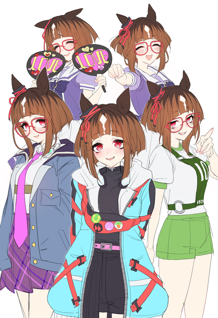 1girl absurdres animal_ears arms_behind_back badge belt black_shirt blue_coat breasts brown_hair button_badge clenched_hand closed_eyes coat ear_ornament ears_down fanny_pack glasses green_shorts hand_fan hand_up headphones headphones_around_neck highres horse_ears long_sleeves looking_at_viewer multiple_views necktie ningen3333 open_clothes open_coat open_mouth outstretched_arm pink_necktie pointing pointing_at_viewer purple_shirt purple_skirt race_bib red_eyes school_uniform shirt shirt_tucked_in short_hair short_sleeves shorts skirt small_breasts smile standing tracen_school_uniform transcend_(umamusume) umamusume upper_body white_background white_shirt