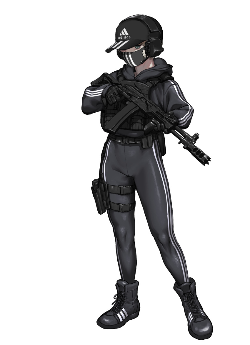 1girl adidas ak-12 armor assault_rifle baseball_cap black_mask boots bow bulletproof_vest cross-laced_footwear ear_protection full_body green_eyes gun handgun hat highres holding holding_gun holding_weapon holster jacket kalashnikov_rifle korean_commentary lace-up_boots looking_at_viewer mask mouth_mask original pants rifle short_hair simple_background solo striped_bow striped_clothes striped_jacket striped_pants suddm thigh_holster tight_clothes tight_pants track_jacket trigger_discipline variant_set weapon white_background