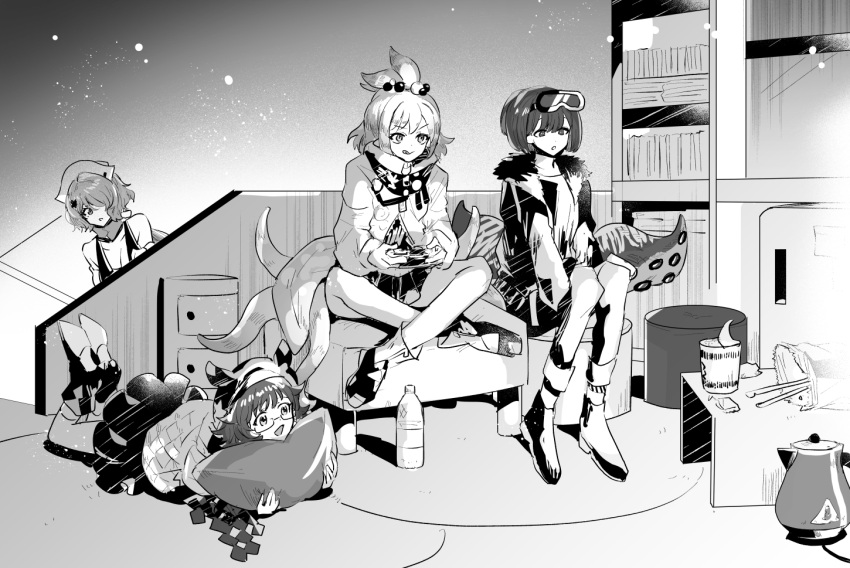 4girls andreana_(arknights) arknights bag_of_chips bottle chopsticks controller crossed_legs deepcolor_(arknights) electric_kettle full_body fur-trimmed_jacket fur_trim game_controller glasses goggles goggles_on_head hair_bobbles hair_ornament hair_over_one_eye hat holding holding_controller holding_cushion holding_game_controller iwashi_80 jacket kettle kirara_(arknights) legs_up lying multiple_girls nurse_cap on_stomach playing_games ramen shelf shoes short_hair sitting skirt stairs stool table tentacles water_bottle whisperain_(arknights)