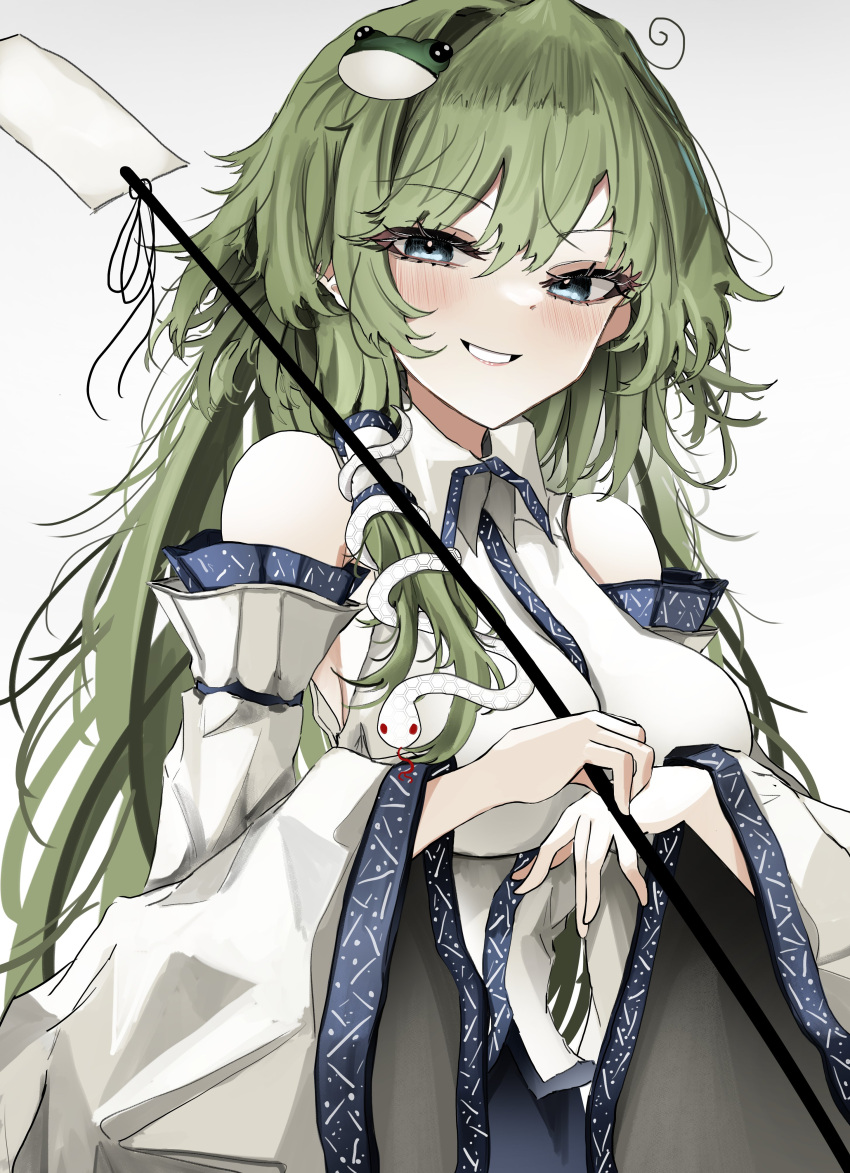 1girl absurdres aqua_eyes bare_shoulders blue_skirt blue_trim blush breasts collared_shirt detached_sleeves frog_hair_ornament gohei green_hair hair_between_eyes hair_ornament highres holding holding_gohei kochiya_sanae large_breasts lips long_hair long_sleeves looking_at_viewer messy_hair nontraditional_miko ougiikun ribbon-trimmed_sleeves ribbon_trim shirt simple_background single_hair_tube single_sidelock skirt sleeveless sleeveless_shirt smile snake_hair_ornament solo teeth touhou upper_body white_background white_shirt wide_sleeves