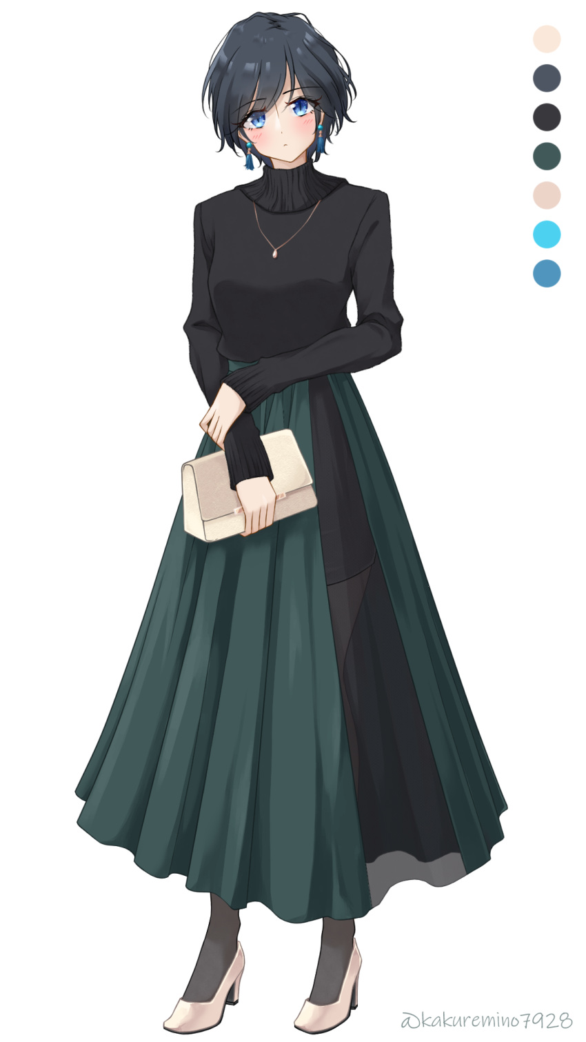 1girl black_hair black_shirt blue_eyes blush breasts closed_mouth color_guide commentary dated_commentary dot_nose earrings full_body green_skirt grey_pantyhose head_tilt high-waist_skirt high_heels highres holding holding_own_arm holding_wallet jewelry kakuremino7928 layered_skirt light_frown long_eyelashes long_skirt long_sleeves looking_at_viewer necklace original pantyhose pendant pleated_skirt see-through see-through_skirt shirt short_hair simple_background skirt sleeves_past_wrists slit_pupils small_breasts solo standing swept_bangs tassel tassel_earrings turtleneck_shirt wallet white_background white_footwear women's_wallet