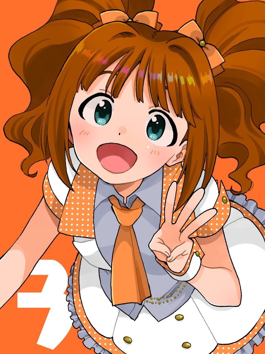 1girl :d aqua_eyes bow brown_hair dress frilled_dress frills hair_bow hand_up highres idol_clothes idolmaster idolmaster_(classic) long_hair looking_at_viewer looking_up naruse_ill necktie orange_background orange_bow orange_necktie polka_dot short_sleeves smile solo takatsuki_yayoi twintails wrist_cuffs