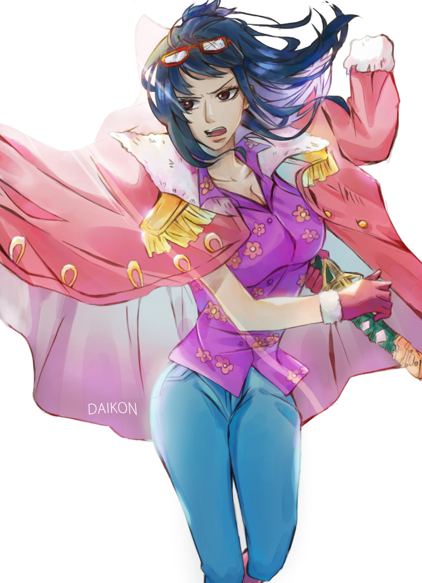 1girl absurdres blue_hair coat collared_shirt commentary_request cowboy_shot daikon_illustrations denim epaulettes eyewear_on_head floating_clothes floral_print gloves highres holding holding_sword holding_weapon jeans long_coat long_hair looking_to_the_side one_piece open_mouth pants pink_coat pink_gloves purple_shirt shirt simple_background solo sword tashigi violet_eyes weapon white_background