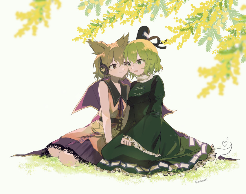 2girls black_headwear black_sailor_collar brown_eyes brown_hair commentary dress earmuffs frilled_sleeves frills full_body ghost_tail green_dress green_hair hat heart highres kalmeyaki long_sleeves looking_at_another multiple_girls ofuda ofuda_on_clothes pointy_hair purple_skirt sailor_collar short_hair sitting skirt sleeveless sleeveless_dress soga_no_tojiko symbol-only_commentary tate_eboshi touhou toyosatomimi_no_miko white_background wide_sleeves yuri