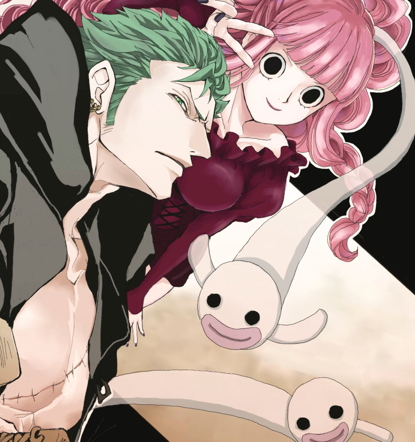 1boy 1girl black_eyes black_hoodie blunt_bangs braid closed_mouth commentary dress eyelashes frilled_dress frills ghost green_eyes green_hair highres hood hoodie kuromitsu_(erup8438) looking_at_viewer one_piece open_clothes open_hoodie perona pink_hair profile purple_dress scar scar_on_chest short_hair sideburns smile sword v v-shaped_eyebrows weapon