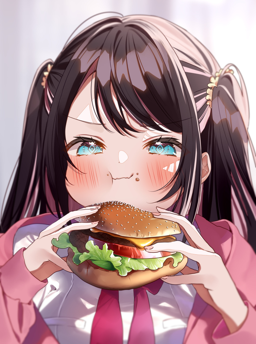 1girl :t absurdres black_hair blue_eyes blurry blush bow burger colored_inner_hair commentary_request depth_of_field eating fingernails food food_on_face highres holding holding_food hood hoodie jacket kaga_nazuna long_hair long_sleeves looking_at_viewer multicolored_hair pink_hair pink_hoodie pink_jacket pome_charo red_bow scrunchie shirt solo streaked_hair swept_bangs two-tone_hair two_side_up upper_body v-shaped_eyebrows virtual_youtuber vspo! white_shirt