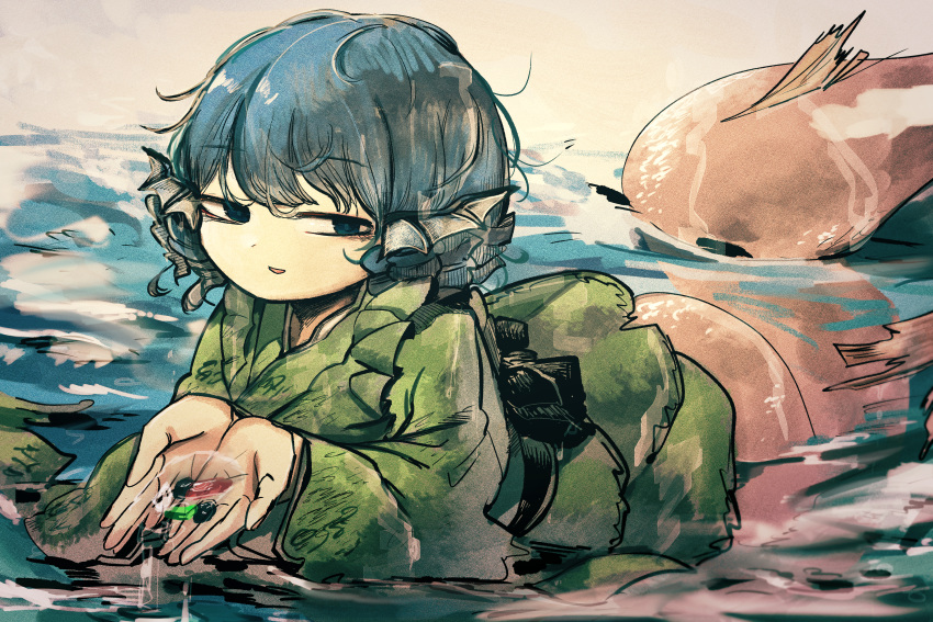 1girl absurdres blue_eyes blue_hair commentary_request drill_hair drill_sidelocks fins green_kimono head_fins highres japanese_clothes kimono long_sleeves looking_at_viewer mermaid monster_girl outdoors piaki short_hair sidelocks solo touhou wakasagihime water