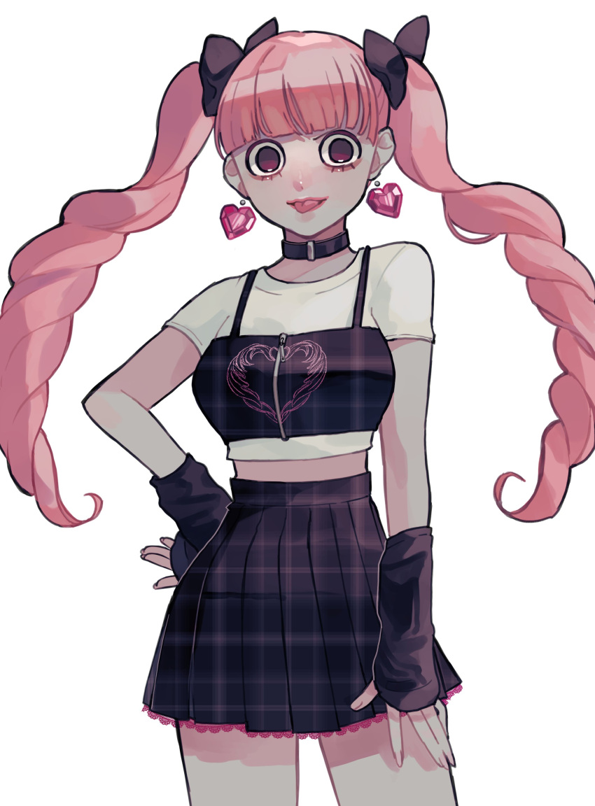 1girl absurdres black_ribbon blunt_bangs bow choker cowboy_shot crop_top drill_hair earrings eyelashes fingerless_gloves gloves hair_bow hair_ribbon hand_on_own_hip heart heart_earrings highres jewelry looking_at_viewer miniskirt one_piece perona pink_eyes pink_hair pink_lips ribbon shirt short_sleeves simple_background skirt smile solo tongue tongue_out twintails waniwani_zatta white_background white_shirt zipper