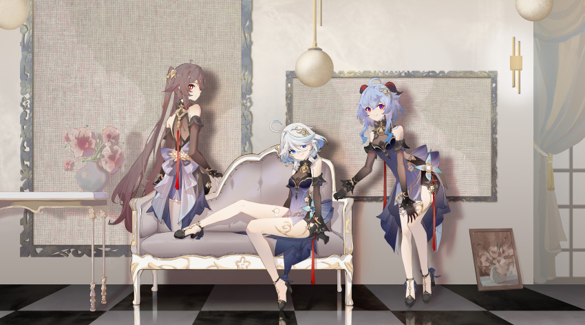 3girls absurdres ahoge alternate_costume back_bow black_gloves blue_dress blue_eyes blue_hair bow breasts brown_hair couch crossed_bangs curtains dress elbow_gloves flat_chest flower furina_(genshin_impact) ganyu_(genshin_impact) genshin_impact gloves goat_horns gold_trim gradient_hair hair_between_eyes hair_flower hair_intakes hair_ornament high_heels highres horns hu_tao_(genshin_impact) indoors long_hair looking_at_viewer multicolored_hair multiple_girls on_couch qixia short_hair sidelocks sitting sleeveless sleeveless_dress small_breasts smile swept_bangs twintails vase very_long_hair violet_eyes white_hair