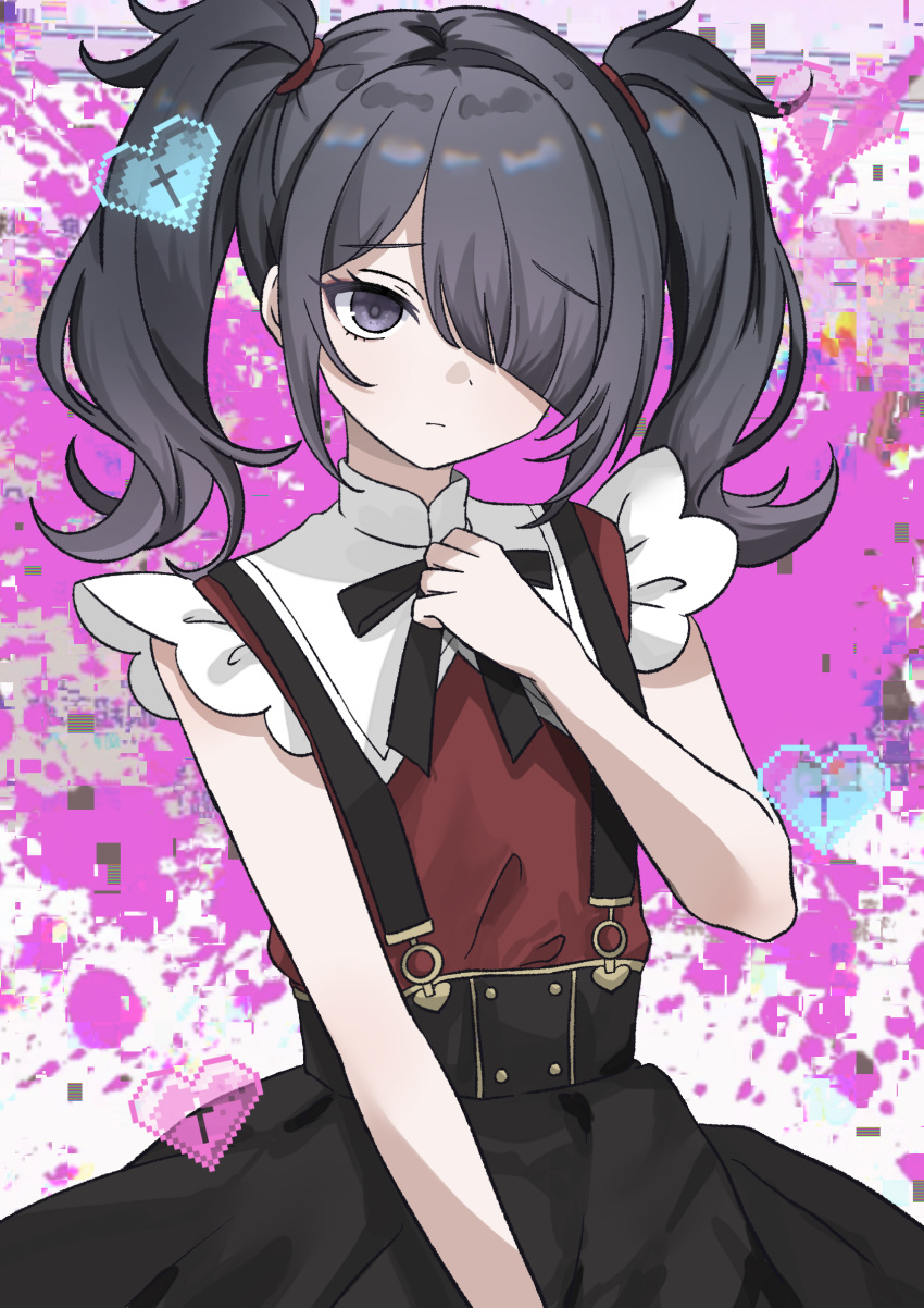 1girl ame-chan_(needy_girl_overdose) black_hair black_ribbon black_skirt blood blood_splatter chinese_commentary closed_mouth collared_shirt commentary_request commission cowboy_shot cross hair_ornament hair_over_one_eye hand_on_own_chest hand_up heart highres long_hair looking_at_viewer neck_ribbon needy_girl_overdose pink_blood pixel_heart procreate_(medium) red_shirt ribbon shirt skirt solo standing suspender_skirt suspenders twintails violet_eyes x_hair_ornament zeniaguan