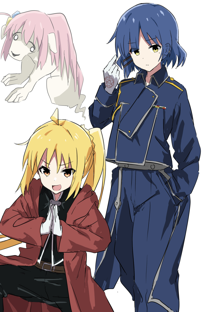 3girls absurdres ahoge amestris_military_uniform as_buppa belt black_jacket blonde_hair blue_hair blue_jacket blue_pants bocchi_the_rock! brown_belt coat collared_jacket commentary_request cosplay cube_hair_ornament dog edward_elric edward_elric_(cosplay) fullmetal_alchemist gloves gotoh_hitori hair_ornament hand_in_pocket highres ijichi_nijika jacket long_hair long_sleeves magic_circle military_jacket military_uniform multiple_girls one_side_up open_clothes open_coat own_hands_together palms_together pants pink_hair red_coat roy_mustang roy_mustang_(cosplay) short_hair shou_tucker's_chimera shou_tucker's_chimera_(cosplay) side_ponytail simple_background snapping_fingers uniform white_background white_gloves yamada_ryo yellow_eyes