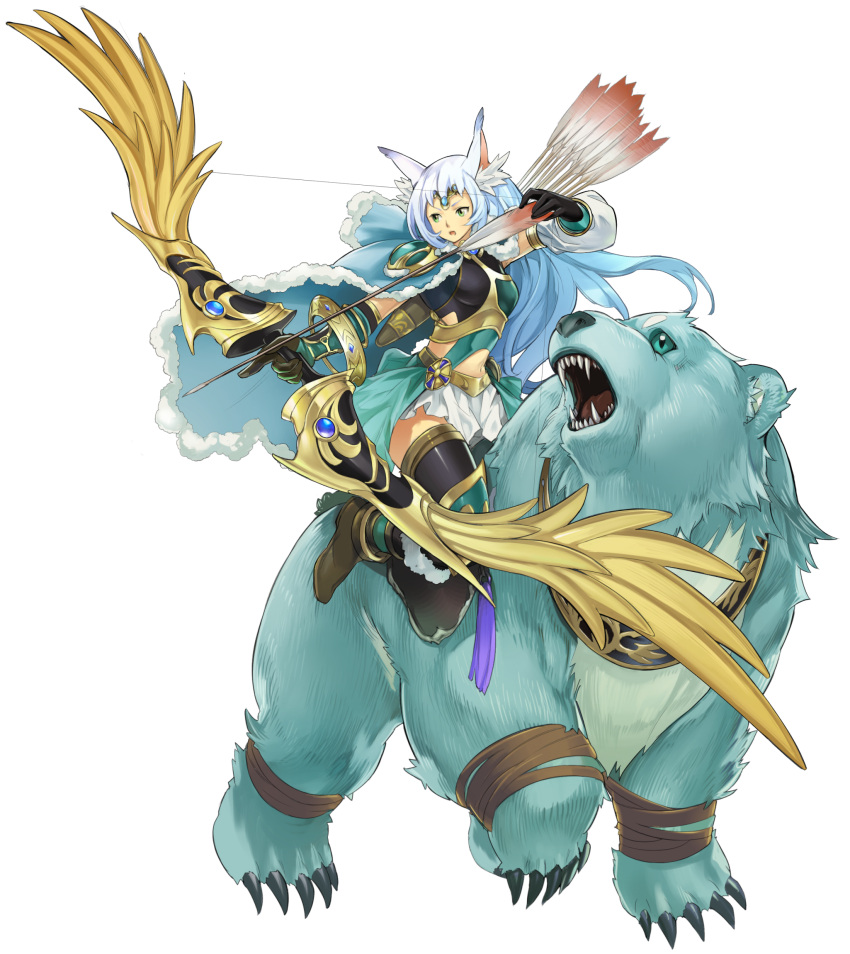 1girl animal_ear_fluff animal_ears anonymous_(yu-gi-oh!) apollousa_bow_of_the_goddess arrow_(projectile) bear blue_hair bow_(weapon) bracelet breasts cape claws duel_monster forehead_jewel full_body fur_trim game_cg gloves gradient_hair green_eyes highres holding holding_bow_(weapon) holding_weapon jewelry long_hair multicolored_hair non-web_source riding_bear small_breasts solo stitched thigh-highs third-party_edit transparent_background two-tone_hair very_long_hair weapon white_hair yu-gi-oh! yu-gi-oh!_master_duel