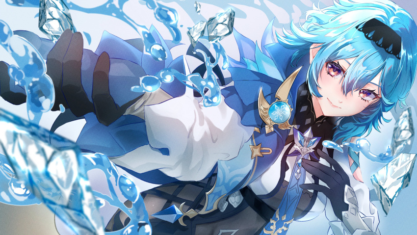 1girl absurdres amane_(amaneooooo) black_gloves black_hairband blue_cape blue_gloves blue_hair blue_necktie breasts cape clothing_cutout dutch_angle eula_(genshin_impact) film_grain genshin_impact gloves hairband hand_on_own_chest highres hydrokinesis ice_shard looking_ahead looking_to_the_side medium_breasts medium_hair necktie outstretched_arm red_eyes shoulder_cutout side_cape smile solo two-tone_gloves upper_body vision_(genshin_impact) water white_sleeves wide_sleeves