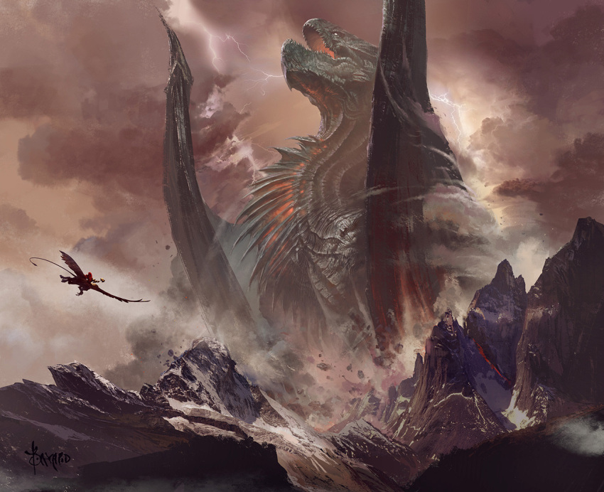 1other ambiguous_gender artist_name bayard_wu clouds cloudy_sky colossus commentary debris dragon english_commentary fantasy flying landscape lightning monster mountain open_mouth orange_sky original outdoors realistic scenery sharp_teeth sky teeth very_wide_shot western_dragon wings