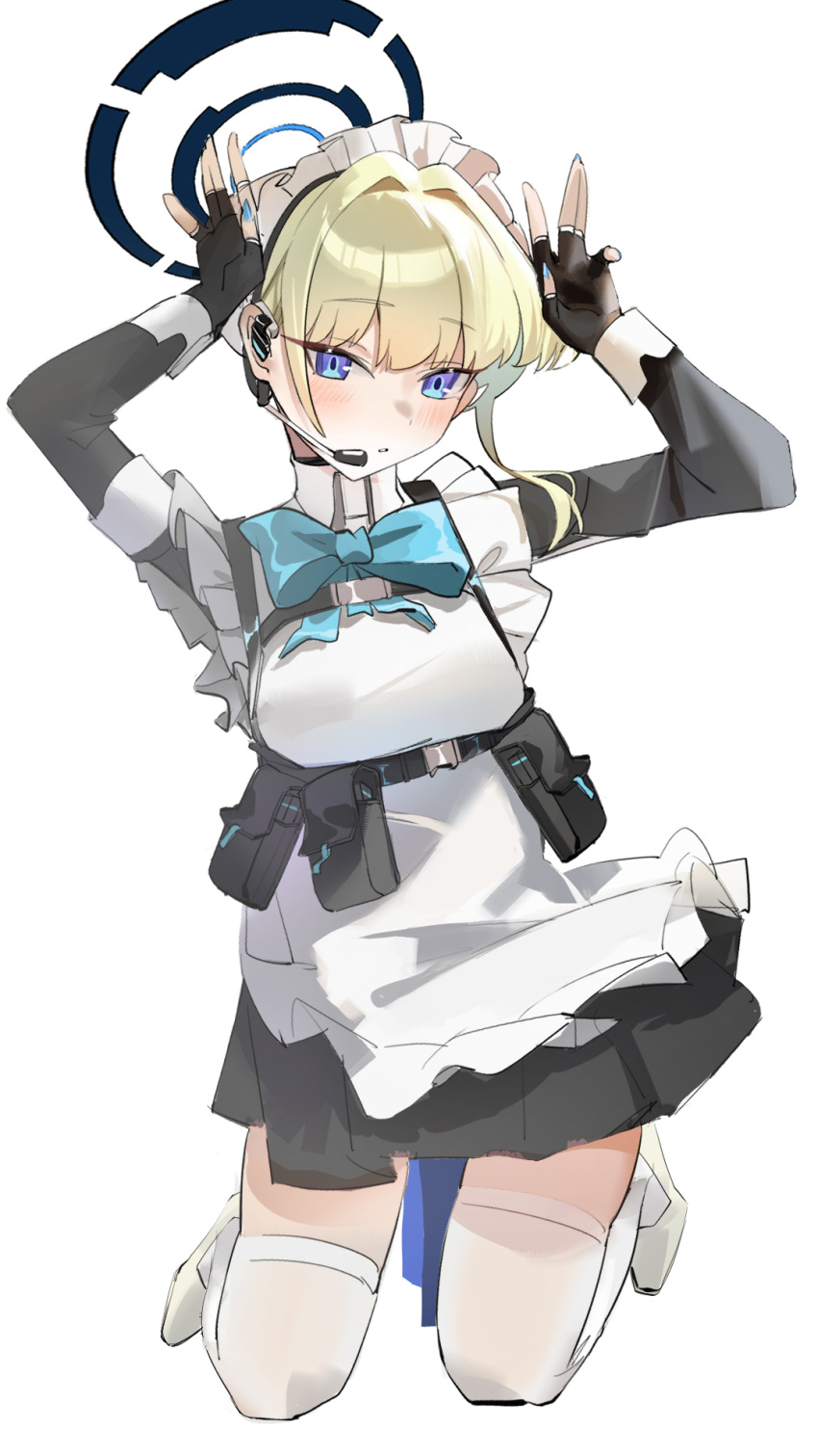 1girl akihoop apron black_dress black_gloves blonde_hair blue_archive blue_bow blue_bowtie blue_eyes blue_halo blue_nails bow bowtie bun_cover chest_harness collared_shirt commentary dress earpiece fingerless_gloves frilled_apron frilled_dress frills gloves hair_intakes halo harness high_heels highres kneeling light_blush looking_at_viewer maid maid_apron maid_headdress open_mouth rabbit_pose shirt sidelocks sleeve_cuffs thigh-highs toki_(blue_archive) white_apron white_background white_footwear white_shirt white_thighhighs