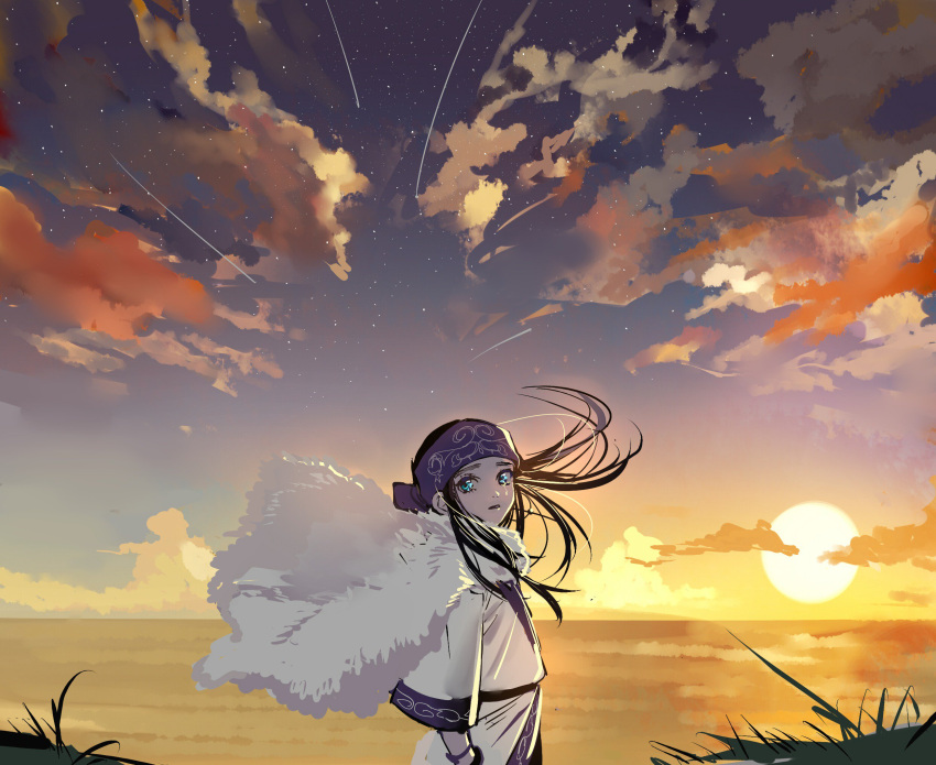 1girl asirpa black_hair blue_eyes cloak clouds commentary_request crying floating_clothes floating_hair golden_kamuy grass headband highres long_hair looking_back no2_gk ocean purple_headband shooting_star solo sun sunset tears upper_body white_cloak