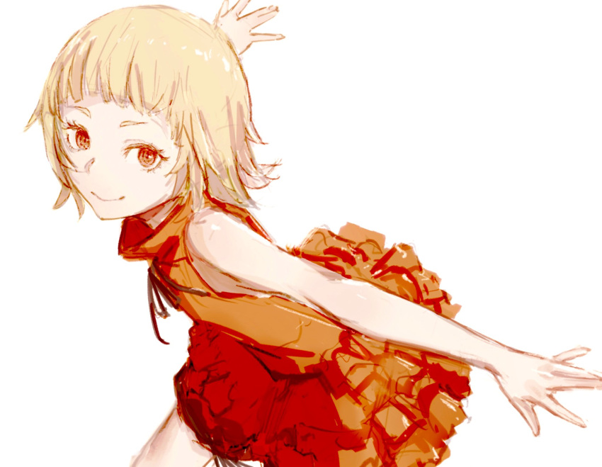 ._(kometto333) 1girl blonde_hair dress flat_chest highres kiss-shot_acerola-orion_heart-under-blade kizumonogatari looking_at_viewer monogatari_(series) oshino_shinobu outstretched_arms red_dress red_eyes short_hair simple_background sketch smile solo spread_arms white_background