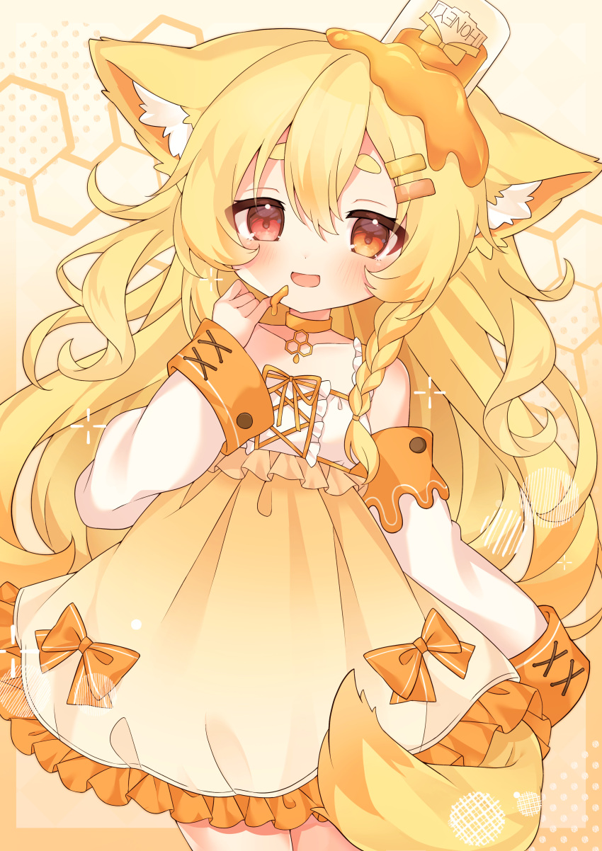 1girl absurdres animal_ears blonde_hair character_request commission cowboy_shot detached_sleeves dress fox_ears fox_girl fox_tail highres honey honeycomb_(pattern) indie_virtual_youtuber loli mimikkyu_(mimikyunosub) red_eyes tail virtual_youtuber yellow_dress