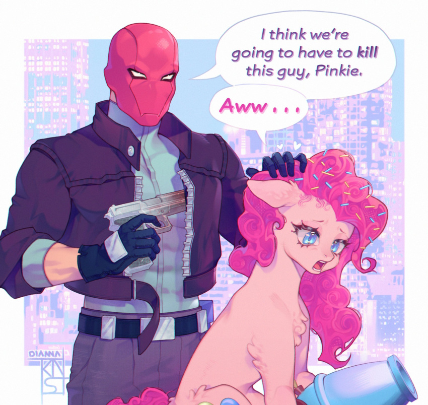black_gloves blue_eyes border commentary cowboy_shot dc_comics dianna_knst english_commentary english_text gloves gun hand_in_another's_hair highres i_think_we're_gonna_have_to_kill_this_guy_steven_(meme) jason_todd meme my_little_pony my_little_pony:_friendship_is_magic pink_fur pink_hair red_hood_(dc) red_mask speech_bubble teeth weapon white_border