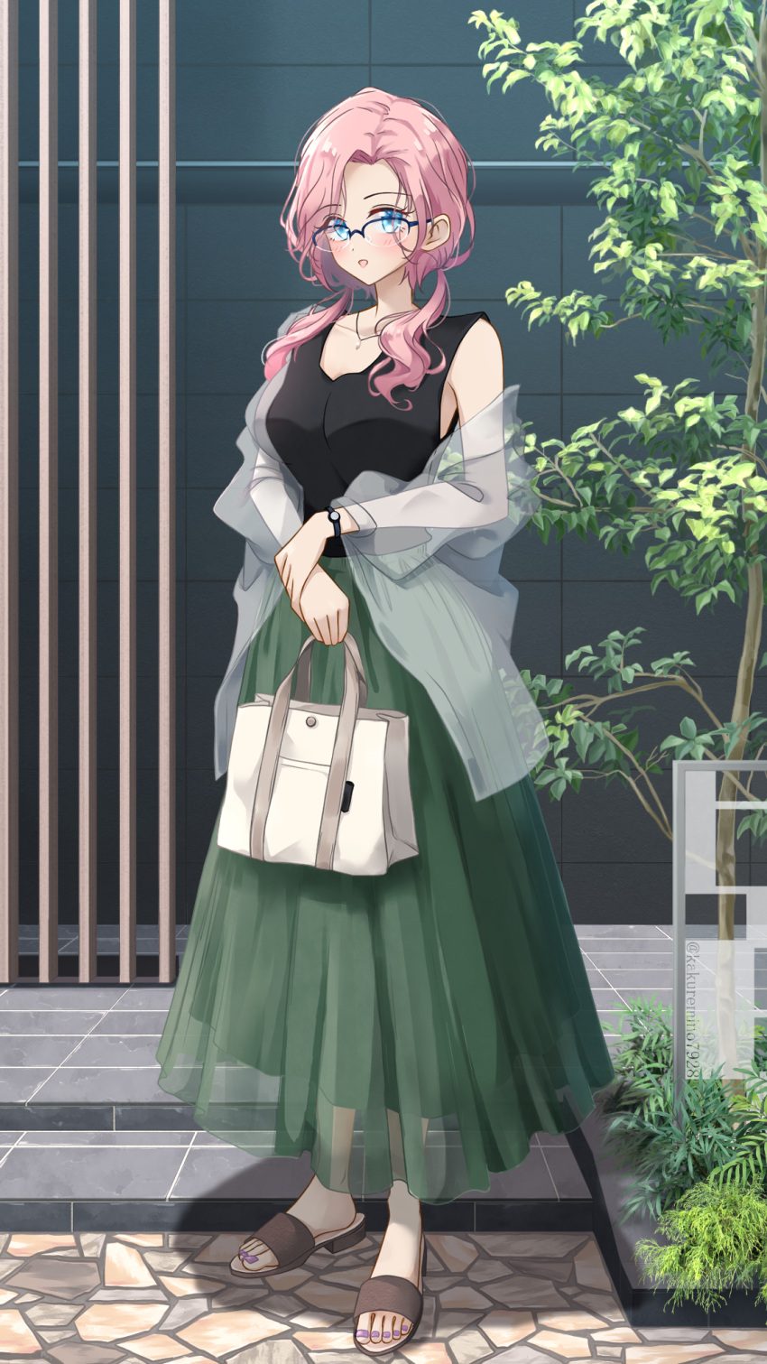 1girl bag black-framed_eyewear black_shirt blue_eyes blush breasts brown_footwear collarbone commentary day dot_nose fern full_body glasses green_skirt handbag highres holding holding_bag holding_own_arm jacket kakuremino7928 layered_skirt long_hair long_skirt looking_at_viewer low_twintails medium_breasts nail_polish off_shoulder open_clothes open_jacket open_mouth original outdoors over-rim_eyewear parted_bangs parted_hair pink_hair pleated_skirt purple_nails sandals see-through see-through_jacket see-through_skirt_layer semi-rimless_eyewear shirt skirt sleeveless sleeveless_shirt smile solo standing toenails tree twintails twitter_username watch watch wavy_hair white_bag