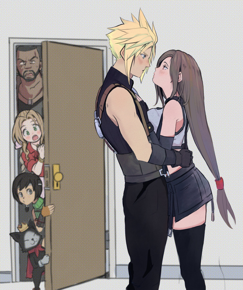 2boys 3girls absurdres aerith_gainsborough baggy_pants bare_shoulders barret_wallace black_gloves black_hair black_shirt black_skirt black_thighhighs blonde_hair blue_eyes blush breast_press breasts brown_hair cait_sith_(ff7) closed_mouth cloud_strife commentary crop_top dark-skinned_male dark_skin elbow_gloves english_commentary eye_contact facial_hair feet_out_of_frame final_fantasy final_fantasy_vii final_fantasy_vii_rebirth final_fantasy_vii_remake fingerless_gloves from_side gloves green_sweater hair_ribbon hands_on_another's_chest height_difference highres hug hugo_artist imminent_kiss indoors jacket large_breasts long_hair looking_at_another low-tied_long_hair midriff multiple_boys multiple_girls open_door open_mouth opening_door pants parted_bangs pink_ribbon red_eyes red_jacket ribbon shirt short_hair skirt sleeveless sleeveless_turtleneck spiky_hair standing suspender_skirt suspenders sweater tank_top thigh-highs tifa_lockhart turtleneck turtleneck_sweater very_long_hair white_tank_top yuffie_kisaragi zettai_ryouiki