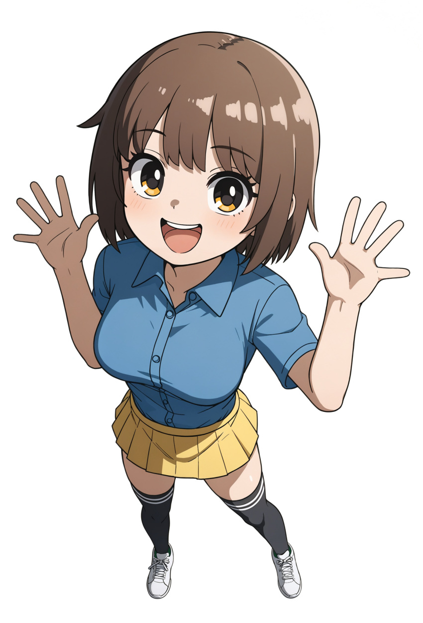 1girl ai-generated black_thighhighs blue_shirt breasts brown_hair collared_shirt foreshortening full_body hands_up happy highres light_blush medium_breasts medium_hair non-web_source open_mouth original shirt simple_background skirt standing teeth thigh-highs upper_teeth_only white_background white_sneakers yellow_eyes yellow_skirt