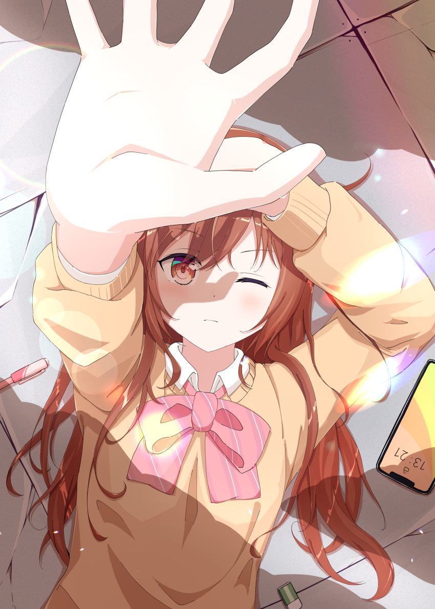 1girl absurdres bow bowtie brown_eyes brown_hair cellphone collared_shirt crossed_bangs eraser frown hair_between_eyes hair_over_shoulder hand_on_own_head highres indoors lens_flare light_particles long_hair looking_at_viewer lying mattsi_hbkk on_back on_floor one_eye_closed original outstretched_arm pen phone pink_bow pink_bowtie shadow shirt sidelocks sleeve_cuffs smartphone sunlight sweater uniform upper_body white_shirt yellow_sweater