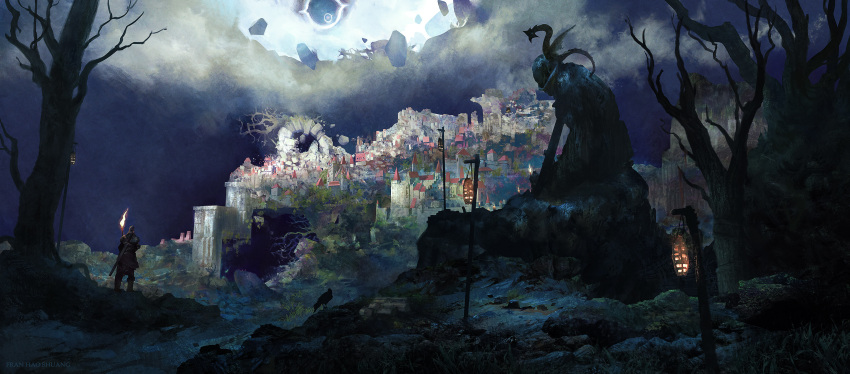 1other ambiguous_gender artist_name bare_tree blue_sky building city cityscape clouds dragon fantasy fran_hao_shuang highres holding holding_torch lamppost moss original outdoors painterly realistic rock scenery sky statue torch tree very_wide_shot