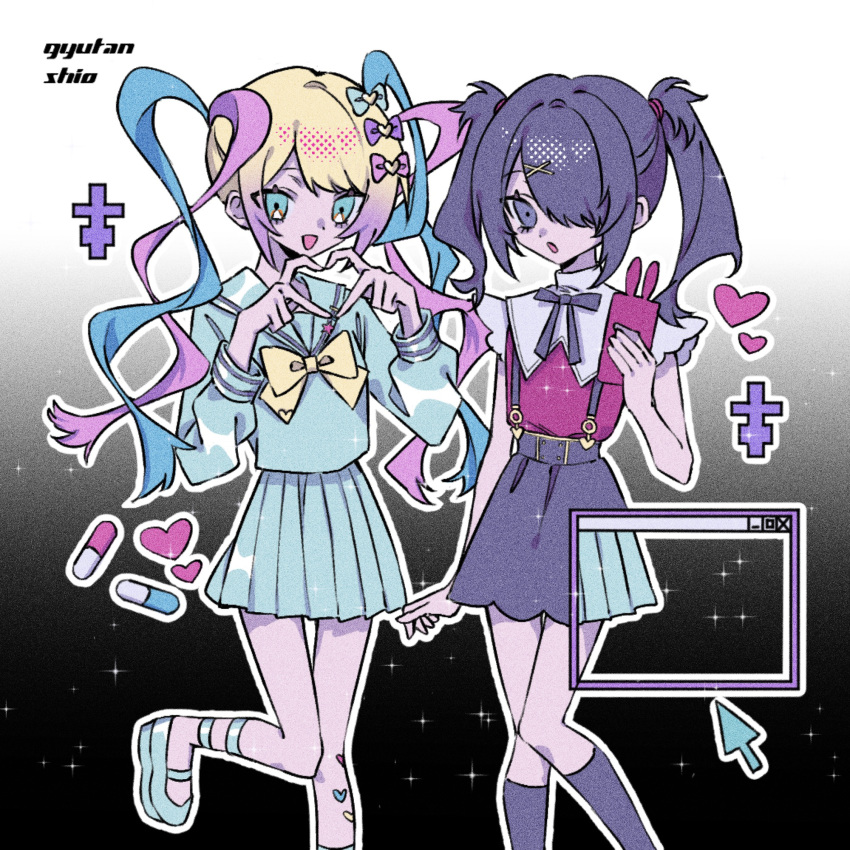 2girls :d :o ame-chan_(needy_girl_overdose) black_hair black_ribbon black_skirt black_socks blonde_hair blue_bow blue_eyes blue_footwear blue_hair blue_serafuku blue_shirt blue_skirt bow chouzetsusaikawa_tenshi-chan collared_shirt cross cursor dual_persona feet_out_of_frame hair_bow hair_ornament hair_over_one_eye hand_up hands_up heart heart_hair_ornament heart_hands highres holding holding_phone kneehighs long_hair long_sleeves looking_at_viewer multicolored_hair multiple_girls multiple_hair_bows neck_ribbon needy_girl_overdose no4_(y0ngn04) open_mouth outline phone pill pink_bow pink_hair pleated_skirt purple_bow quad_tails red_shirt ribbon school_uniform serafuku shirt shoes skirt smile socks standing standing_on_one_leg suspender_skirt suspenders twintails white_outline window_(computing) x_hair_ornament yellow_bow