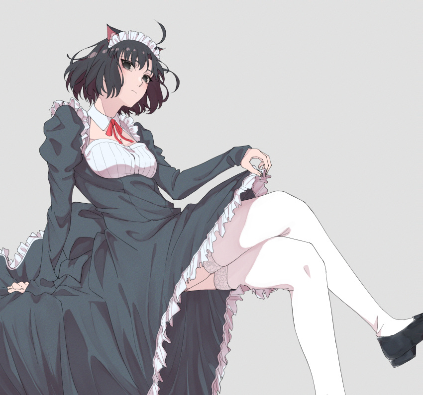 1girl absurdres ahoge alternate_costume anianiani0607 animal_ears arm_support black_dress black_eyes black_footwear black_hair breasts cat_ears closed_mouth crossed_legs detached_collar dress frills grey_background highres juliet_sleeves kara_no_kyoukai long_sleeves maid maid_headdress neck_ribbon puffy_sleeves red_ribbon ribbon ryougi_shiki shoes short_hair simple_background sitting skirt_hold solo thigh-highs white_thighhighs zettai_ryouiki