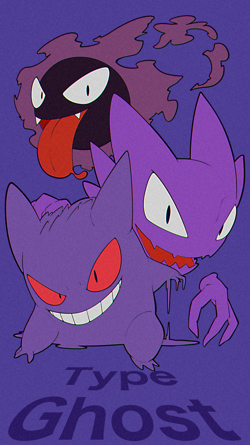 absurdres afuron black_eyes evolutionary_line fang fangs gastly gengar grin haunter highres looking_at_viewer no_humans open_mouth pokemon pokemon_(creature) skin_fang smile teeth tongue tongue_out