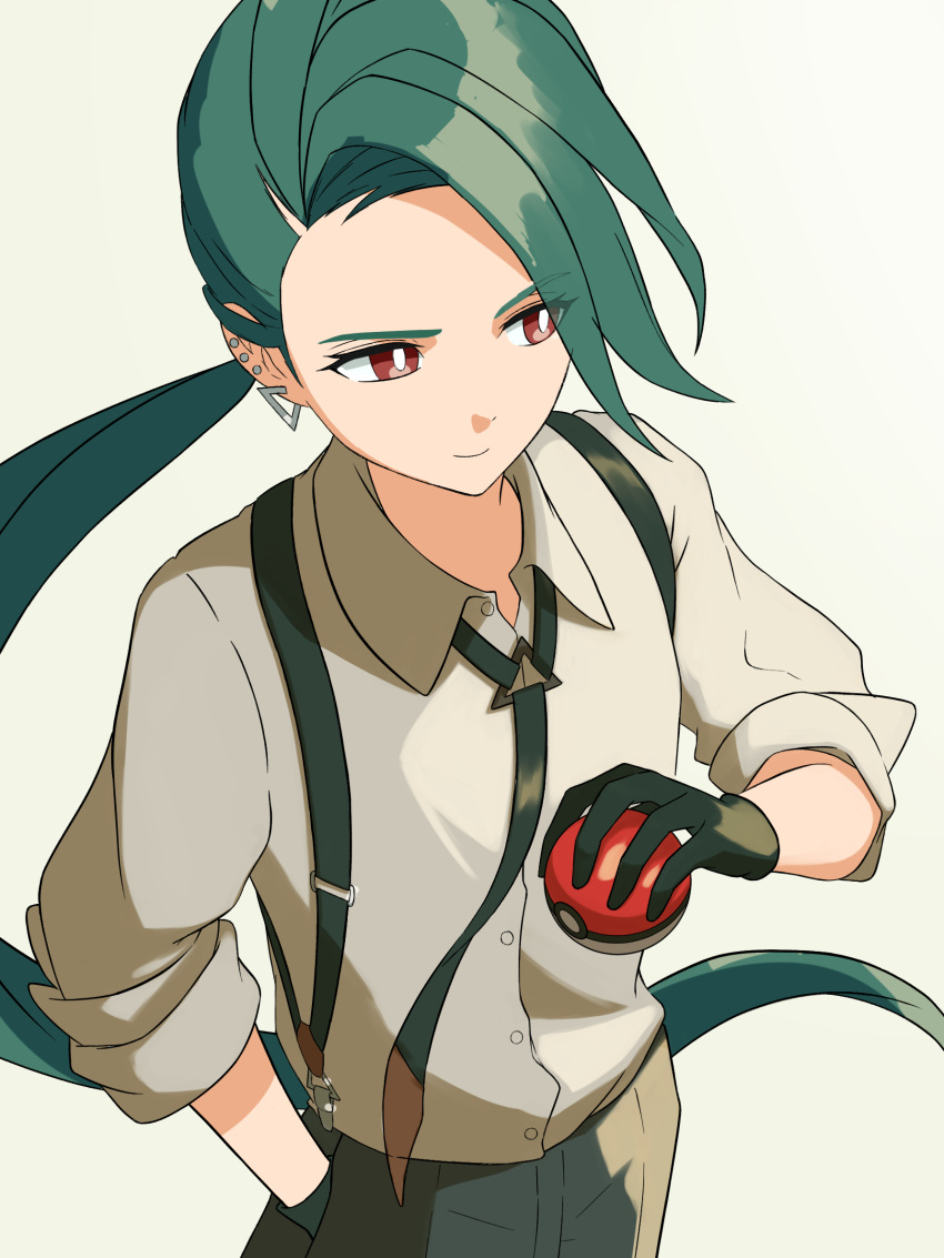 1girl asymmetrical_bangs black_gloves black_necktie black_pants bright_pupils collared_shirt ear_piercing earrings flat_chest gloves green_hair grey_shirt highres holding holding_poke_ball jewelry long_hair mikan_(mikan_no_happa) necktie pants piercing poke_ball poke_ball_(basic) pokemon pokemon_sv ponytail red_eyes reverse_trap rika_(pokemon) shirt sleeves_past_elbows solo suspenders triangle_earrings white_pupils