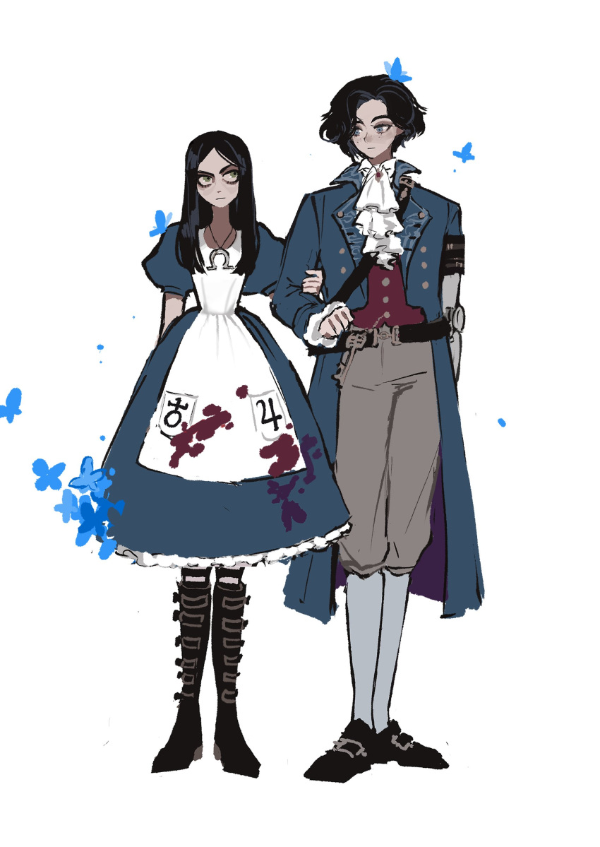 1boy 1girl absurdres agoh3 alice:_madness_returns alice_liddell_(american_mcgee's_alice) american_mcgee's_alice ascot belt black_footwear black_hair blood blood_on_clothes blood_on_dress blue_butterfly bug butterfly dress eyelashes freckles grabbing_another's_arm green_eyes highres jewelry jupiter_symbol key lies_of_p long_hair looking_at_another mechanical_arms necklace pinocchio_(lies_of_p) prosthesis prosthetic_arm shirt short_sleeves simple_background single_mechanical_arm standing white_ascot white_background white_shirt