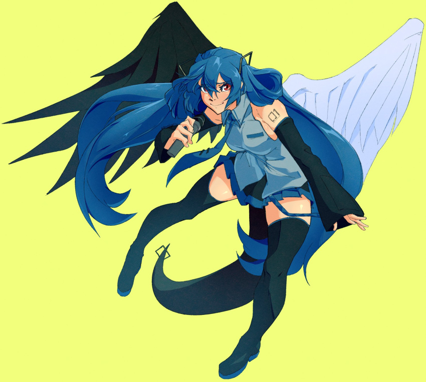 1girl angel_wings aqua_necktie asymmetrical_wings bare_shoulders black_sleeves blizzardingpike blue_hair cosplay detached_sleeves dizzy_(guilty_gear) guilty_gear hair_rings hatsune_miku hatsune_miku_(cosplay) highres long_hair looking_at_viewer monster_girl necktie number_tattoo red_eyes shirt skirt solo tail tattoo thigh-highs twintails very_long_hair vocaloid wings