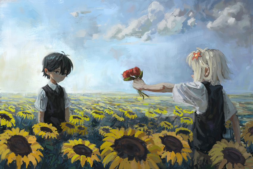 2boys absurdres arms_at_sides basil_(faraway)_(omori) basil_(omori) black_hair black_vest blonde_hair check_spoilers closed_mouth clouds collared_shirt day elainma faux_traditional_media field flower flower_field giving hair_between_eyes hair_flower hair_ornament hashtag_only_commentary highres holding holding_flower looking_at_another male_focus medium_hair multiple_boys omori outdoors outstretched_arm photoshop_(medium) red_flower shirt short_hair short_sleeves sky spoilers standing sunflower sunflower_field sunny_(omori) very_short_hair vest white_shirt yellow_flower