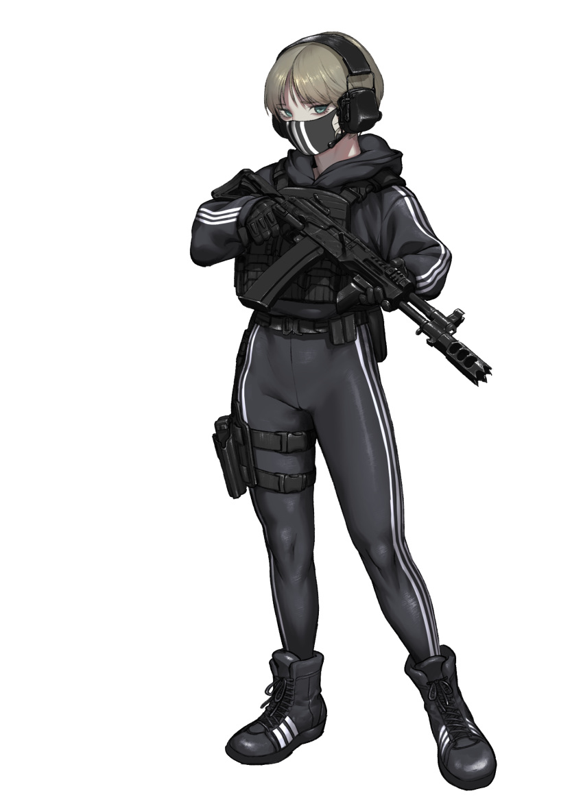 1girl adidas ak-12 armor assault_rifle black_mask boots bow bulletproof_vest cross-laced_footwear ear_protection full_body green_eyes gun handgun hat highres holding holding_gun holding_weapon holster jacket kalashnikov_rifle korean_commentary lace-up_boots looking_at_viewer mask mouth_mask original pants rifle short_hair simple_background solo striped_bow striped_clothes striped_jacket striped_pants suddm thigh_holster tight_clothes tight_pants track_jacket trigger_discipline variant_set weapon white_background