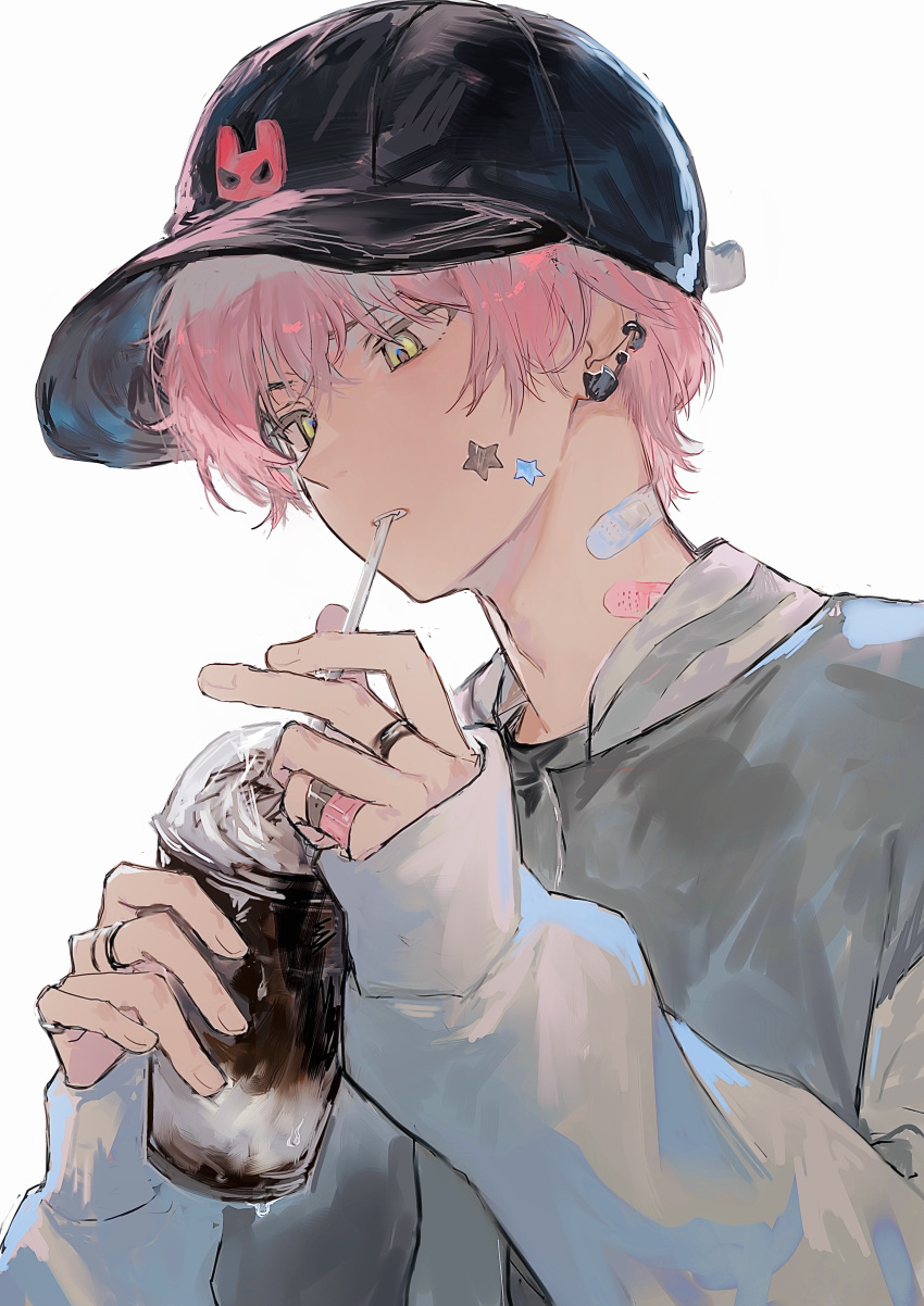 1boy absurdres bandaid bandaid_on_neck black_headwear drink drinking_straw drinking_straw_in_mouth ear_piercing earrings green_eyes hair_between_eyes hat highres holding holding_drink jewelry looking_at_object looking_down male_focus multiple_earrings multiple_rings original piercing pink_hair ring short_hair solo sticker_on_face suechimu upper_body white_background
