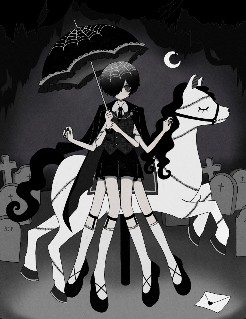 1boy black_footwear black_hair black_jacket black_nails black_necktie black_shorts black_vest buttons closed_mouth collared_shirt crescent_moon expressionless extra_arms extra_legs fusigi_nano grave graveyard grey_eyes hair_over_one_eye highres holding holding_umbrella horse jacket letter looking_at_viewer male_focus moon necktie original shirt short_hair shorts solo stitches tombstone umbrella vest white_shirt