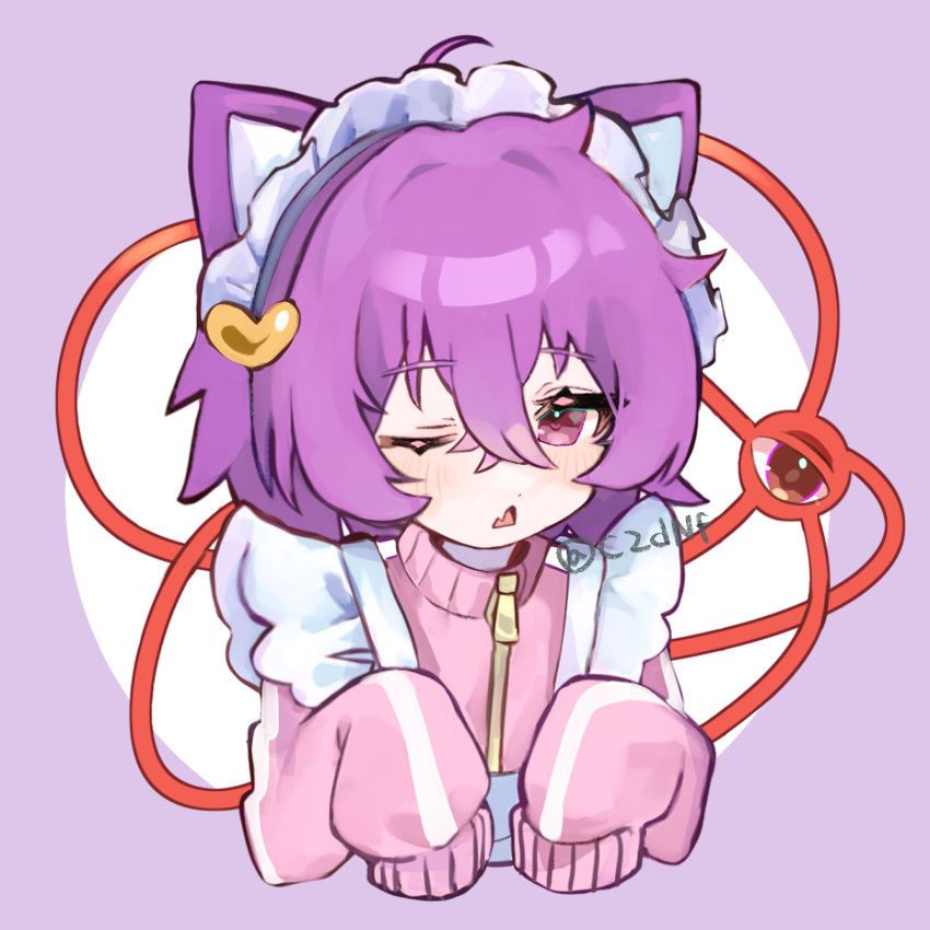 1girl alternate_costume animal_ears cat_ears commentary_request crossed_bangs fang fuua_(fxae3875) hairband heart highres komeiji_satori looking_at_viewer maid_headdress one_eye_closed open_mouth pink_eyes purple_background purple_hair short_hair skin_fang solo touhou twitter_username