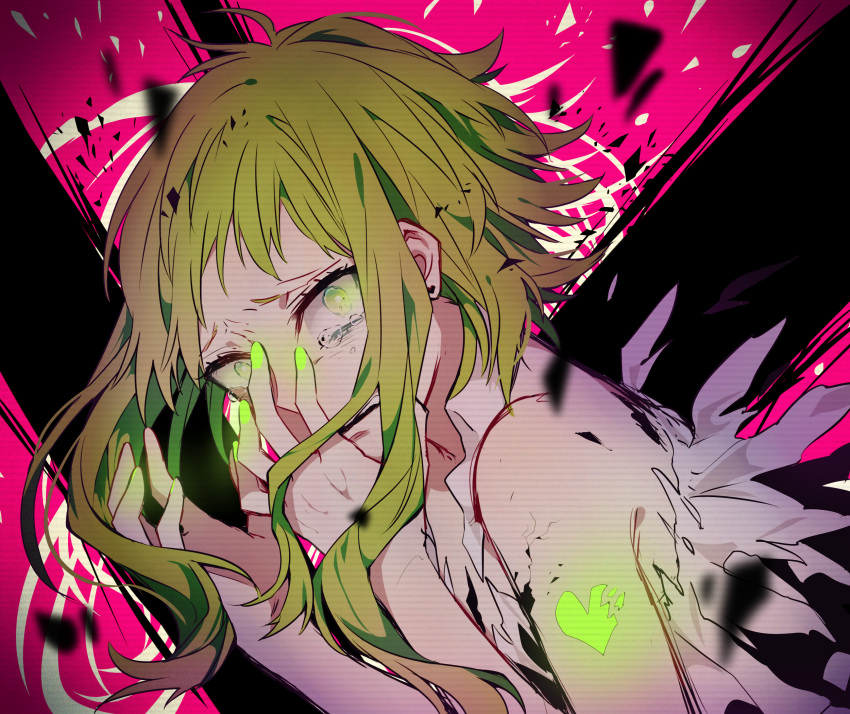 1girl ariilha12 bare_arms cracked_skin crying crying_with_eyes_open ghost_rule_(vocaloid) glowing_nails green_eyes green_hair green_nails gumi hand_on_own_face heart highres looking_at_viewer open_mouth pink_background shirt short_hair_with_long_locks sleeveless sleeveless_shirt solo tears teeth torn_clothes torn_shirt upper_body upper_teeth_only vocaloid white_shirt
