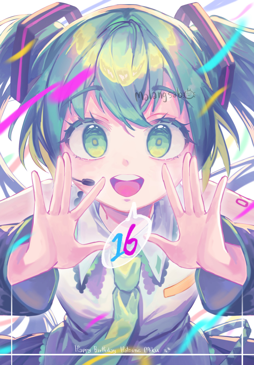 1girl absurdres artist_name collared_shirt detached_sleeves green_eyes green_hair gtcockroach hands_up happy_birthday hatsune_miku headset highres long_hair long_sleeves looking_at_viewer necktie open_mouth shirt sleeveless sleeveless_shirt smile solo straight-on twintails vocaloid