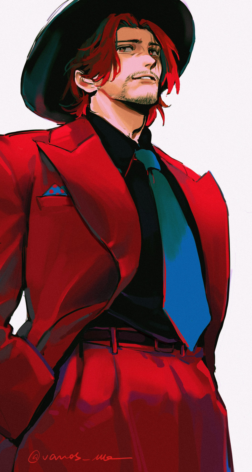 1boy absurdres alternate_costume blue_necktie commentary english_commentary facial_hair formal hands_in_pockets hat highres male_focus necktie one_piece red_eyes red_suit redhead scar scar_on_face shanks_(one_piece) short_hair signature smile solo suit teeth vamos_mk