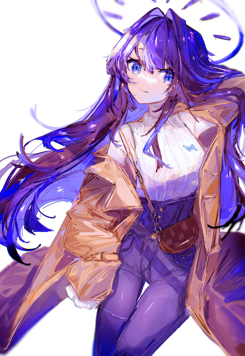 1girl absurdres alternate_hairstyle armpits bag black_hair blue_eyes blue_hair blue_halo breasts brown_coat bug butterfly coat denim hair_intakes halo handbag high-waist_pants highres hololive hololive_english jeans large_breasts light_smile long_hair long_sleeves looking_at_viewer multicolored_hair open_clothes open_coat ouro_kronii pants shirt shirt_tucked_in sidelocks sleeveless sleeveless_shirt sleeves_past_fingers sleeves_past_wrists smile solo somewhatdino streaked_hair turtleneck turtleneck_shirt very_long_hair virtual_youtuber white_shirt