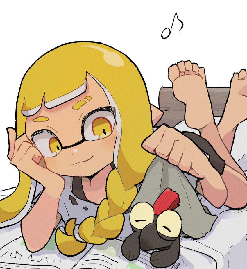 1girl barefoot blonde_hair book braid braided_sidelock closed_mouth eyebrow_cut highres inkling inkling_girl inkling_player_character long_hair lying musical_note nattoreichan on_bed on_stomach open_book pointy_ears simple_background single_braid smallfry_(splatoon) smile splatoon_(series) splatoon_3 tentacle_hair thick_eyebrows white_background yellow_eyes