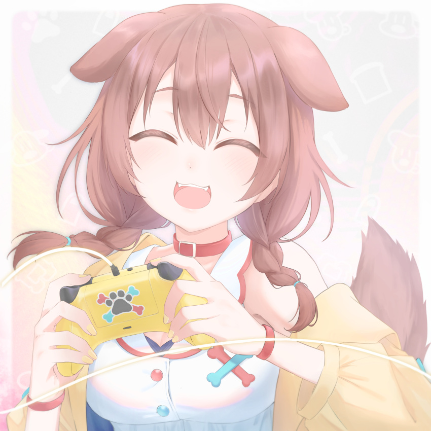 1girl :3 :d ^_^ a9_(repainter) absurdres animal_ears blush braid breasts brown_hair buttons cable cartoon_bone closed_eyes collar collared_dress commentary controller dog_ears dog_girl dog_tail dress fangs fingernails futo-inu game_controller hair_between_eyes hair_tie hands_up highres holding holding_controller holding_game_controller hololive hoso-inu inugami_korone inugami_korone_(1st_costume) jacket long_hair long_sleeves low_twin_braids medium_breasts multicolored_background nail_polish off_shoulder open_clothes open_jacket open_mouth paw_print red_collar red_wristband sidelocks simple_background sleeveless sleeveless_dress smile solo tail teeth twin_braids upper_body upper_teeth_only virtual_youtuber white_dress yellow_jacket yellow_nails
