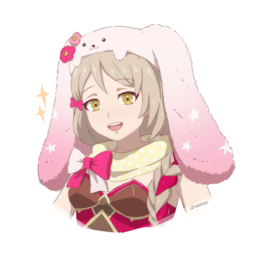 1girl animal_hat blonde_hair braid braided_ponytail brown_gloves easter_egg egg expressive_clothes fire_emblem fire_emblem_engage fire_emblem_heroes flower_ornament framme_(spring)_(fire_emblem) gloves hair_over_shoulder hat highres official_alternate_costume open_mouth pink_hair rabbit_hat scarf single_braid solo tak0baka yellow_eyes yellow_scarf