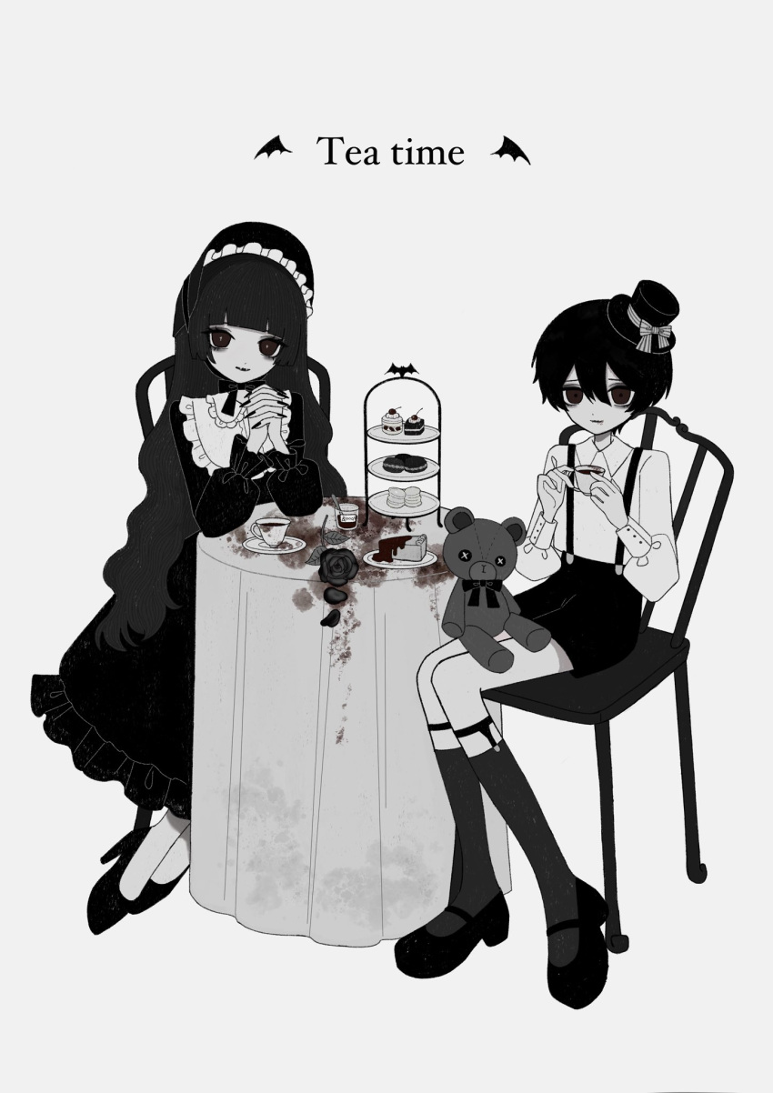 1boy 1girl black_dress black_flower black_footwear black_hair black_nails black_pantyhose black_shorts bonnet bright_pupils brown_eyes cake cup dress english_text fangs flower food frilled_bonnet frilled_dress frills fusigi_nano glass goth_fashion gothic_lolita hat highres holding holding_cup lolita_fashion macaron mini_hat original own_hands_together pantyhose partially_colored puffy_sleeves shorts simple_background spoon stain stuffed_animal stuffed_toy suspender_shorts suspenders tea teacup teddy_bear victorian white_background white_pupils