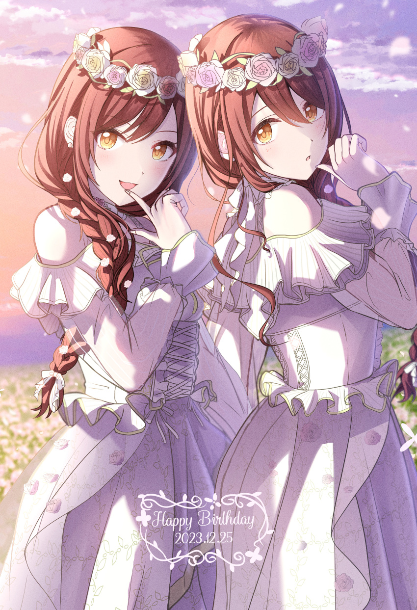 2girls absurdres bare_shoulders brown_hair citrusmikan commentary_request dress earrings flower flower_wreath hair_between_eyes hair_flower hair_ornament highres idolmaster idolmaster_shiny_colors jewelry long_dress long_hair long_sleeves looking_at_viewer multiple_girls open_mouth osaki_amana osaki_tenka siblings sisters twilight twins white_dress yellow_eyes
