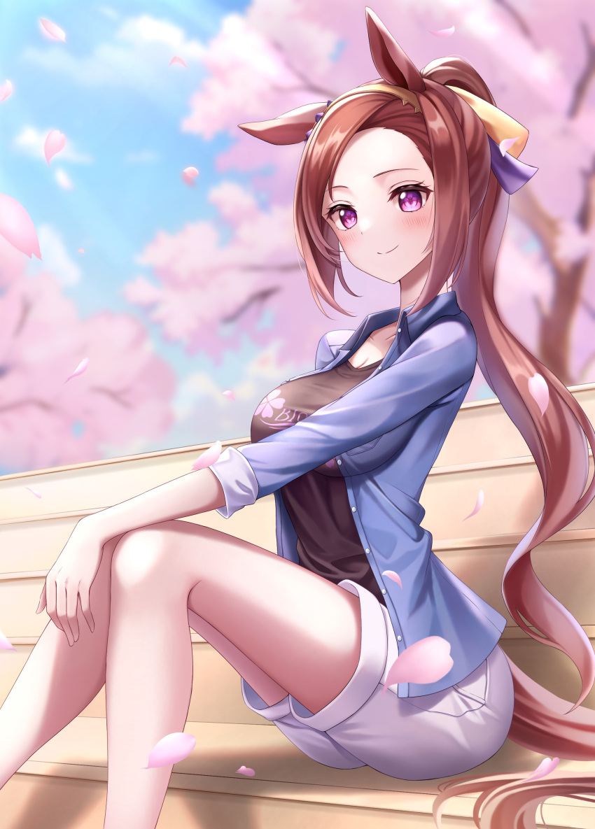 1girl absurdres alan_(210bush) animal_ears black_shirt blue_shirt blush breasts brown_hair cherry_blossoms closed_mouth collared_shirt commentary_request ear_ornament falling_petals flower-shaped_pupils highres horse_ears horse_girl horse_tail large_breasts long_hair on_bench open_clothes open_shirt petals pink_eyes ponytail sakura_bakushin_o_(umamusume) shirt shorts sitting smile solo symbol-shaped_pupils tail umamusume very_long_hair white_shorts wooden_bench